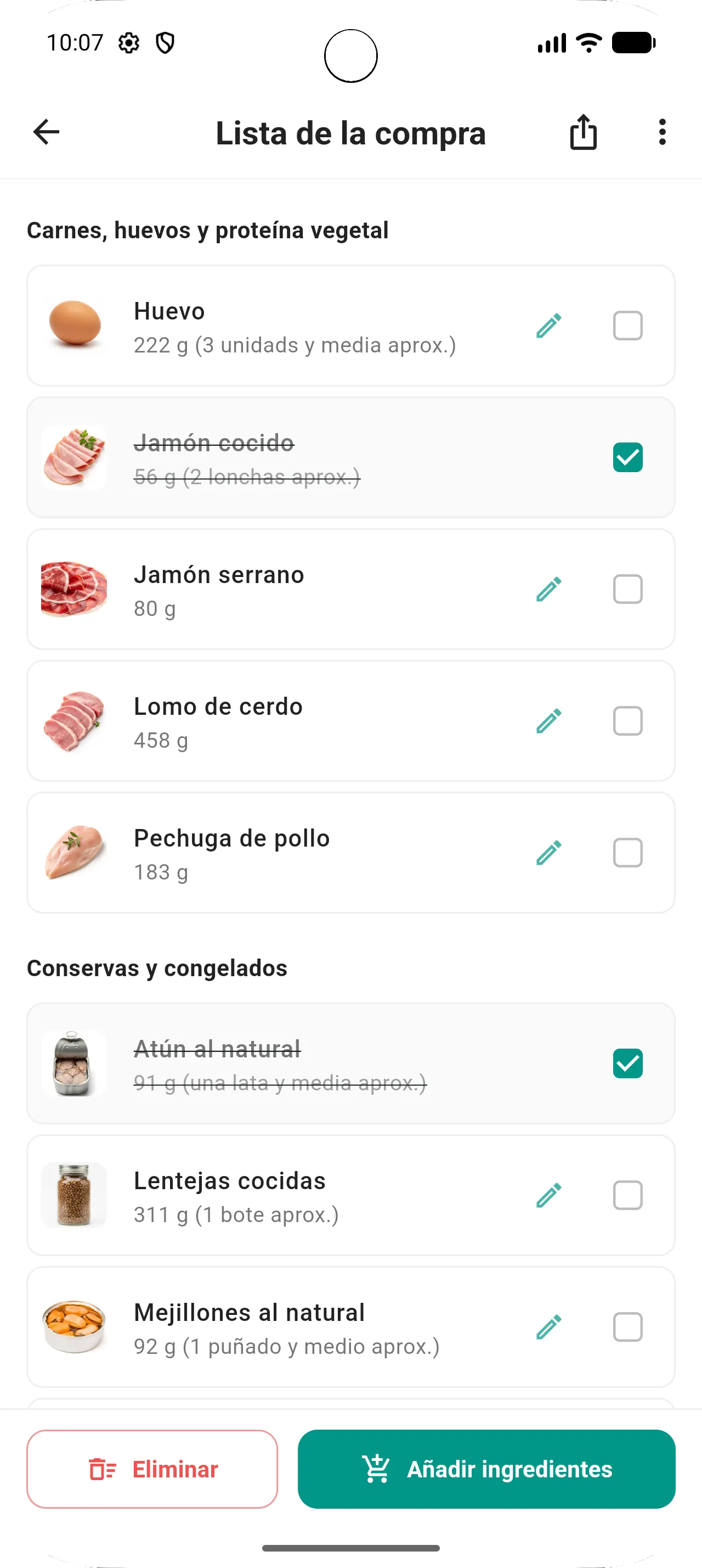 Ejemplo de lista de la compra en MyFoodPlan