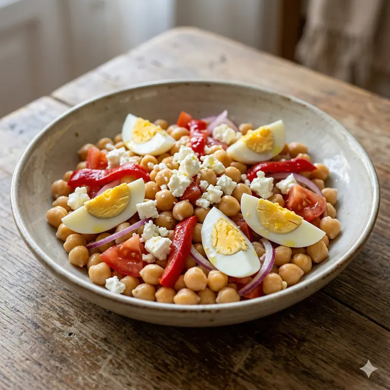 Ensalada templada de garbanzos con huevo y feta