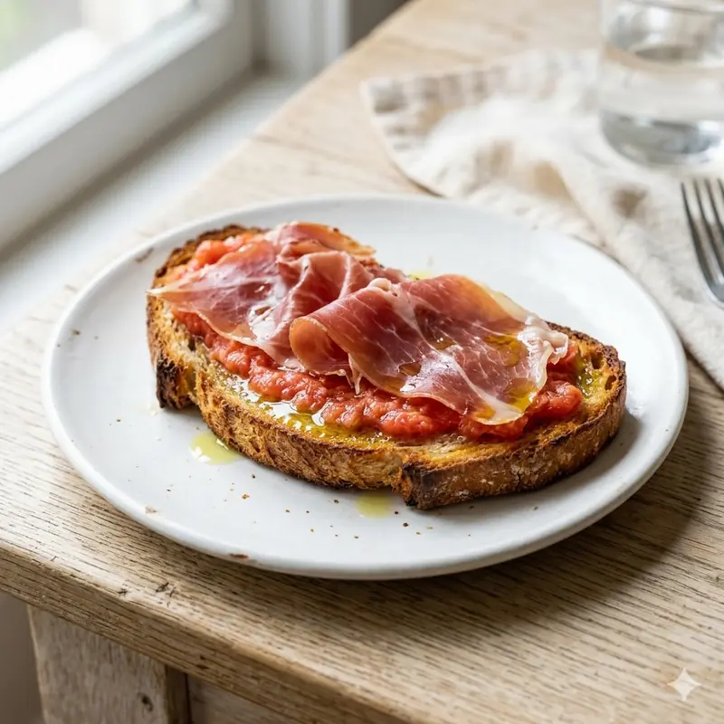 Tostada con jamón serrano, tomate y aceite